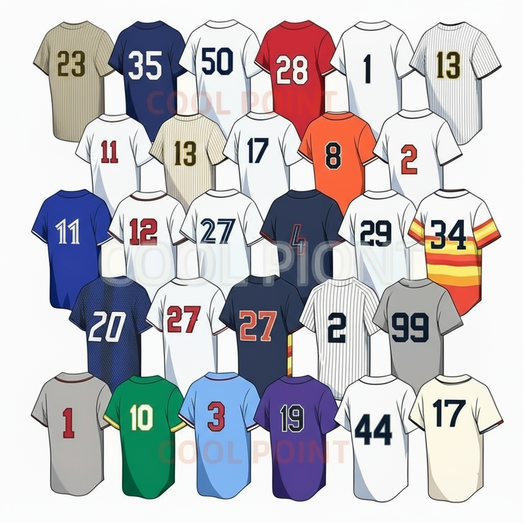 Collection of various sports jerseys with different numbers on a white background